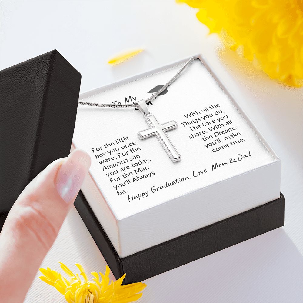 Son Graduation from Mom & Dad Stainless Steel Cross Necklace