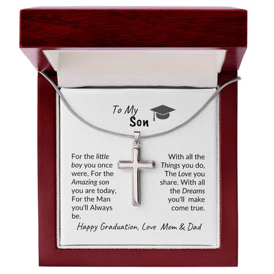 Son Graduation from Mom & Dad Stainless Steel Cross Necklace